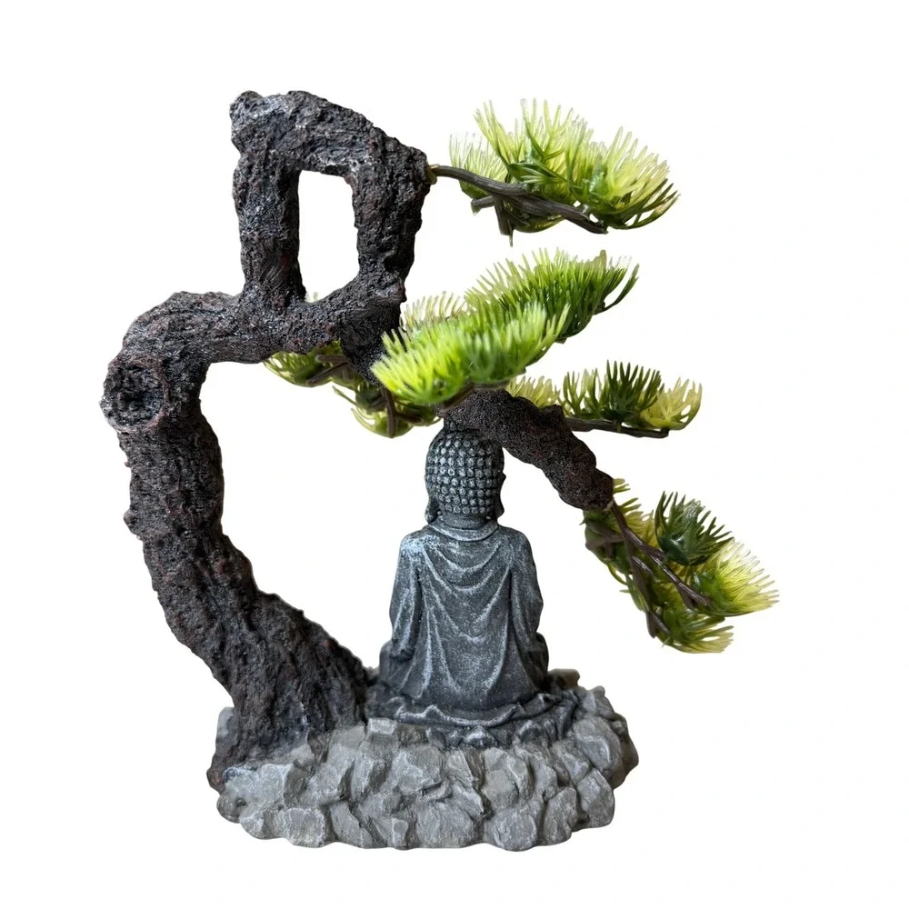 Buddha Statue with Bonsai Tree Aquarium Ornament Resin Zen Decor 8 Inch